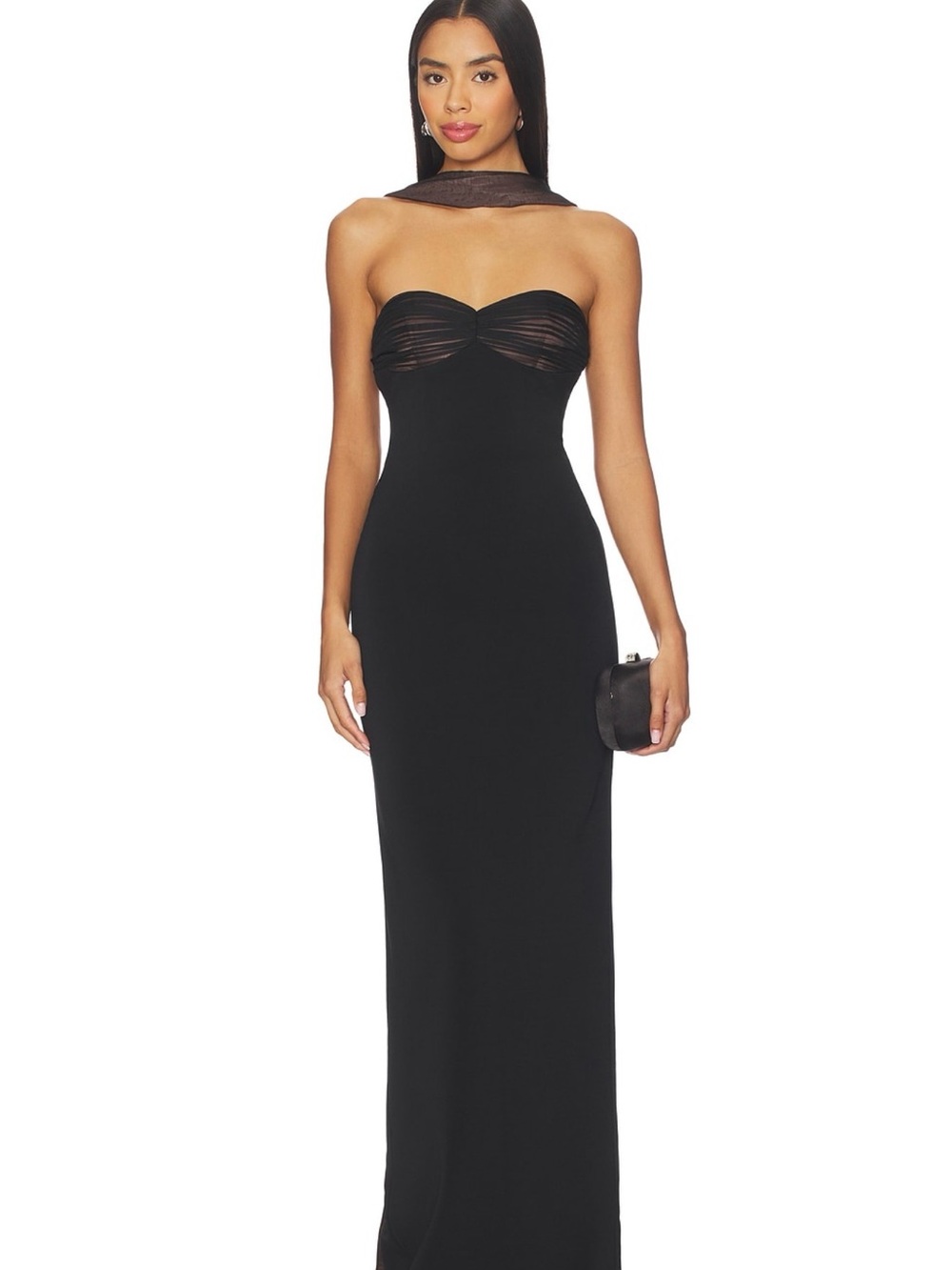 Retrofete Black Strapless Mesh-Detail Maxi Gown